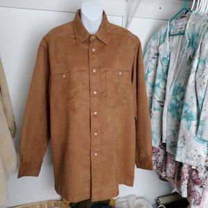 Basic Options Mens 100% Polyester Brown Suede-like Long Sleeve Button Down Shirt